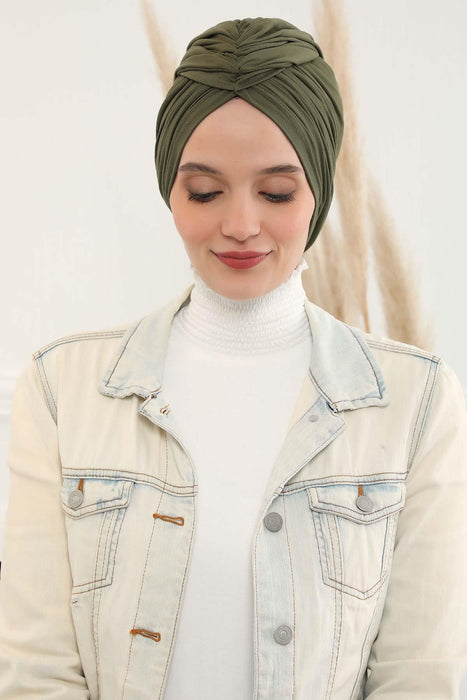 Smocked Shirred Instant Turban for Women, Cotton Lightweight Head Wrap with a Beautiful Design, Stylish Chemo Headwear Turban for Women,B-1 Army Green