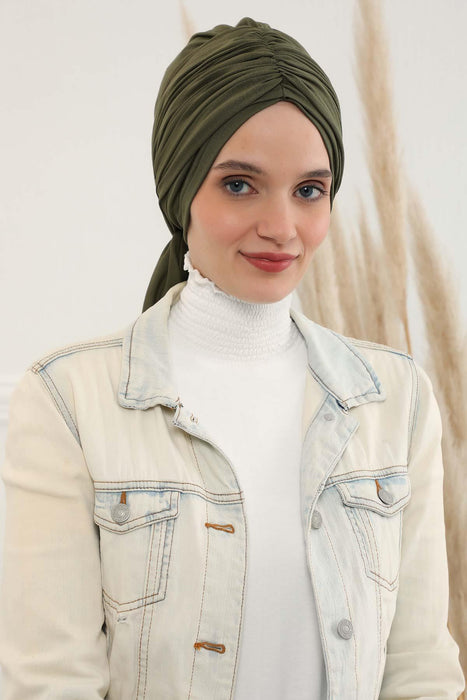 Smocked Shirred Instant Turban for Women, Cotton Lightweight Head Wrap with a Beautiful Design, Stylish Chemo Headwear Turban for Women,B-1 Army Green