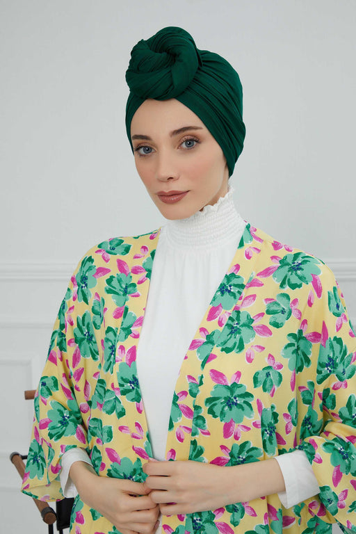 Smocked Shirred Instant Turban for Women, Cotton Lightweight Head Wrap with a Beautiful Design, Stylish Chemo Headwear Turban for Women,B-1 Green