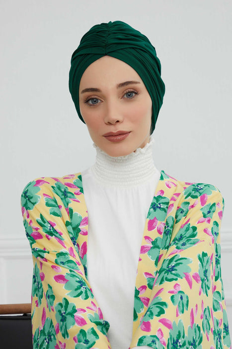 Smocked Shirred Instant Turban for Women, Cotton Lightweight Head Wrap with a Beautiful Design, Stylish Chemo Headwear Turban for Women,B-1 Green