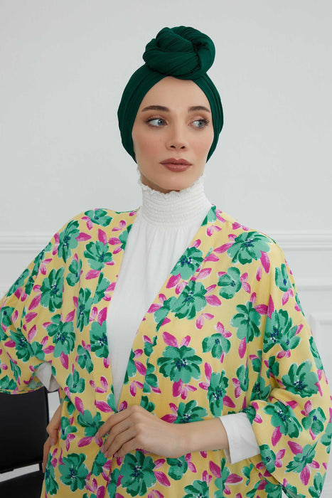 Smocked Shirred Instant Turban for Women, Cotton Lightweight Head Wrap with a Beautiful Design, Stylish Chemo Headwear Turban for Women,B-1 Green