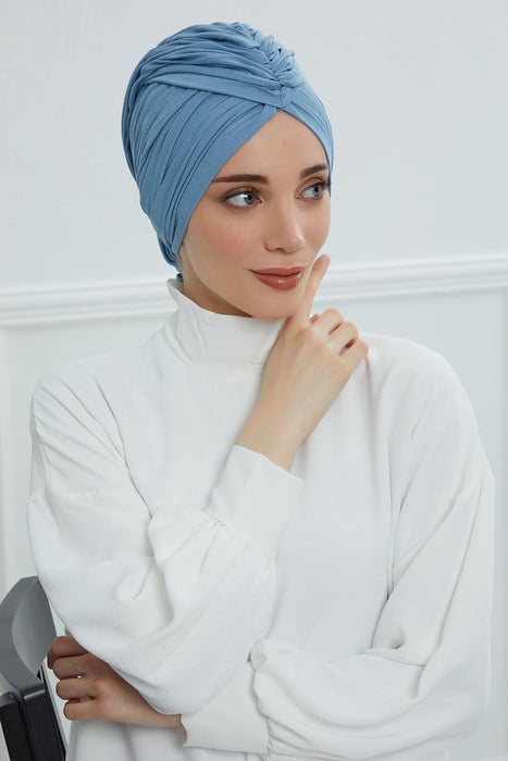 Smocked Shirred Instant Turban for Women, Cotton Lightweight Head Wrap with a Beautiful Design, Stylish Chemo Headwear Turban for Women,B-1 Blue