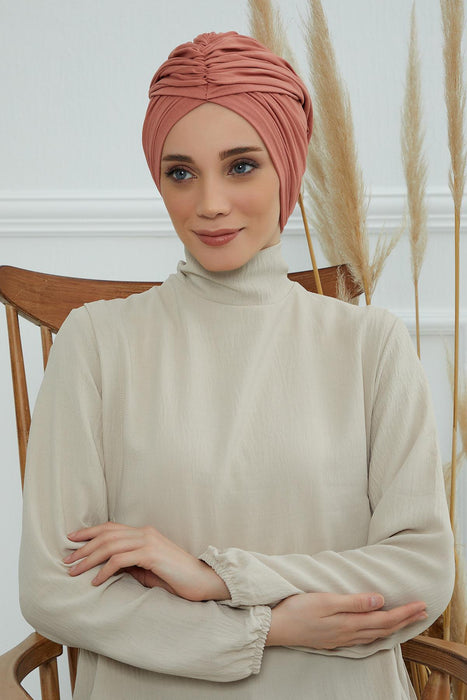 Smocked Shirred Instant Turban for Women, Cotton Lightweight Head Wrap with a Beautiful Design, Stylish Chemo Headwear Turban for Women,B-1 Salmon