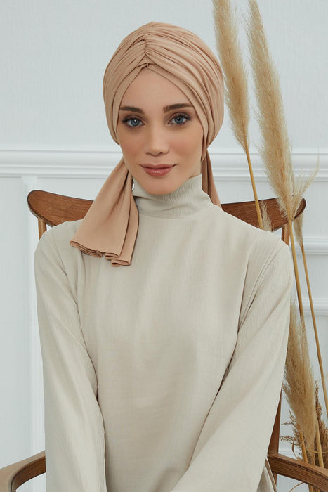 Smocked Shirred Instant Turban for Women, Cotton Lightweight Head Wrap with a Beautiful Design, Stylish Chemo Headwear Turban for Women,B-1 Sand Brown