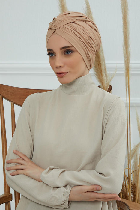 Smocked Shirred Instant Turban for Women, Cotton Lightweight Head Wrap with a Beautiful Design, Stylish Chemo Headwear Turban for Women,B-1 Sand Brown