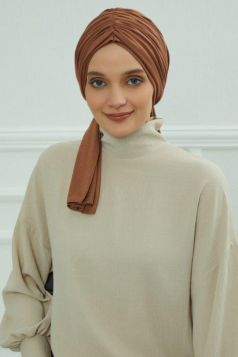 Smocked Shirred Instant Turban for Women, Cotton Lightweight Head Wrap with a Beautiful Design, Stylish Chemo Headwear Turban for Women,B-1 Caramel Brown