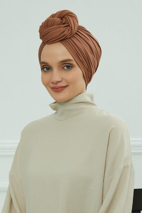 Smocked Shirred Instant Turban for Women, Cotton Lightweight Head Wrap with a Beautiful Design, Stylish Chemo Headwear Turban for Women,B-1 Caramel Brown