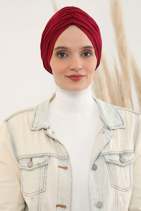 Smocked Shirred Instant Turban for Women, Cotton Lightweight Head Wrap with a Beautiful Design, Stylish Chemo Headwear Turban for Women,B-1 Maroon
