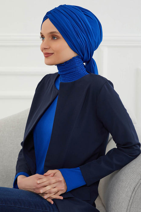 Smocked Shirred Instant Turban for Women, Cotton Lightweight Head Wrap with a Beautiful Design, Stylish Chemo Headwear Turban for Women,B-1 Sax Blue