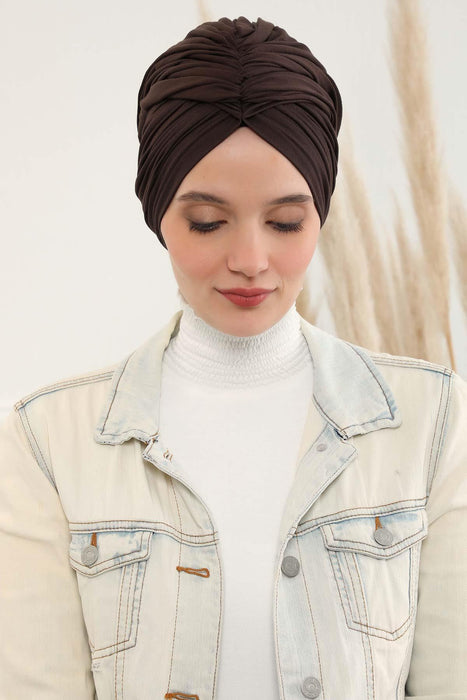 Smocked Shirred Instant Turban for Women, Cotton Lightweight Head Wrap with a Beautiful Design, Stylish Chemo Headwear Turban for Women,B-1 Brown