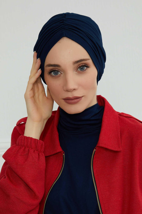 Soft Pre-Tied Shirred Turban for Women, Cotton Instant Turban Headwrap, Hair Loss & Chemo Friendly Bonnet Cap with Chic Shirred Design,B-20 Navy Blue