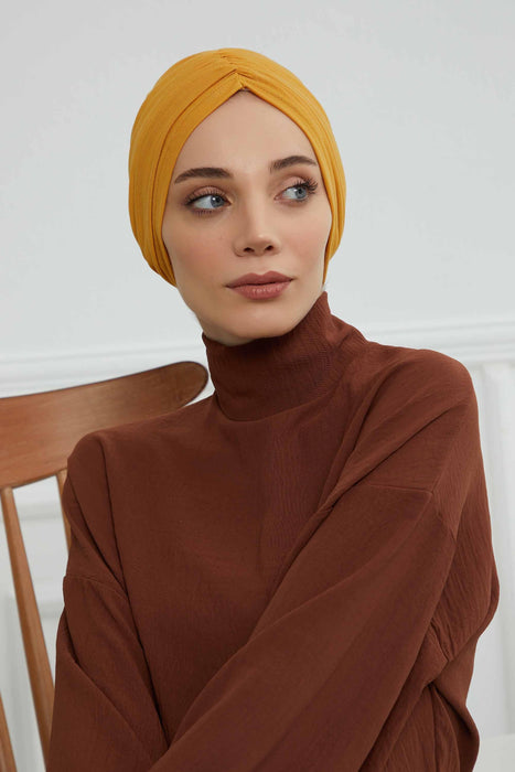 Soft Pre-Tied Shirred Turban for Women, Cotton Instant Turban Headwrap, Hair Loss & Chemo Friendly Bonnet Cap with Chic Shirred Design,B-20 Mustard Yellow