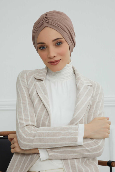 Soft Pre-Tied Shirred Turban for Women, Cotton Instant Turban Headwrap, Hair Loss & Chemo Friendly Bonnet Cap with Chic Shirred Design,B-20 Mink