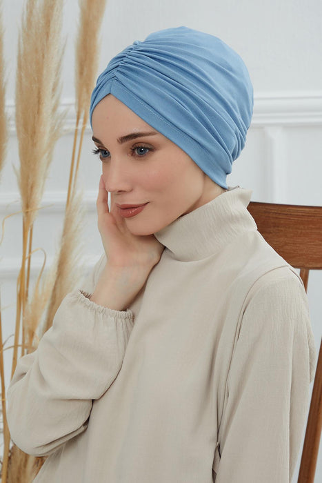 Soft Pre-Tied Shirred Turban for Women, Cotton Instant Turban Headwrap, Hair Loss & Chemo Friendly Bonnet Cap with Chic Shirred Design,B-20 Blue