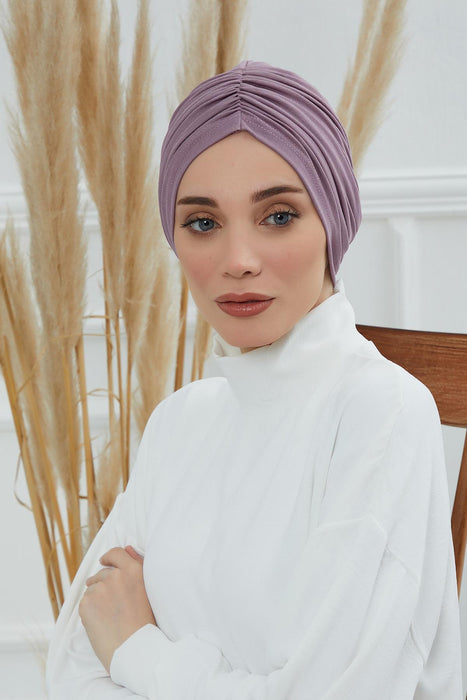 Soft Pre-Tied Shirred Turban for Women, Cotton Instant Turban Headwrap, Hair Loss & Chemo Friendly Bonnet Cap with Chic Shirred Design,B-20 Lilac