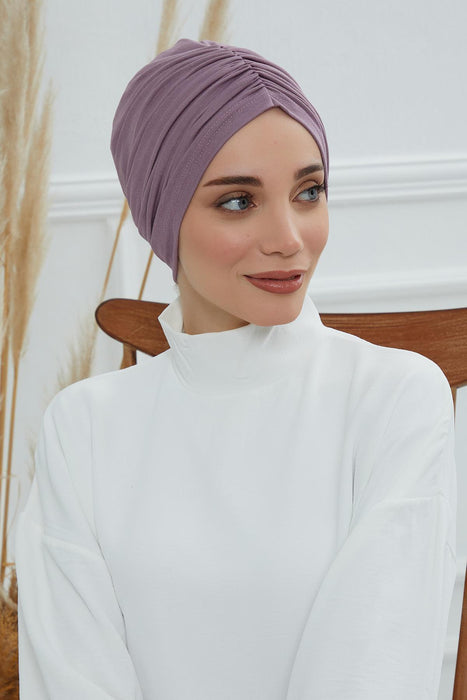 Soft Pre-Tied Shirred Turban for Women, Cotton Instant Turban Headwrap, Hair Loss & Chemo Friendly Bonnet Cap with Chic Shirred Design,B-20 Lilac