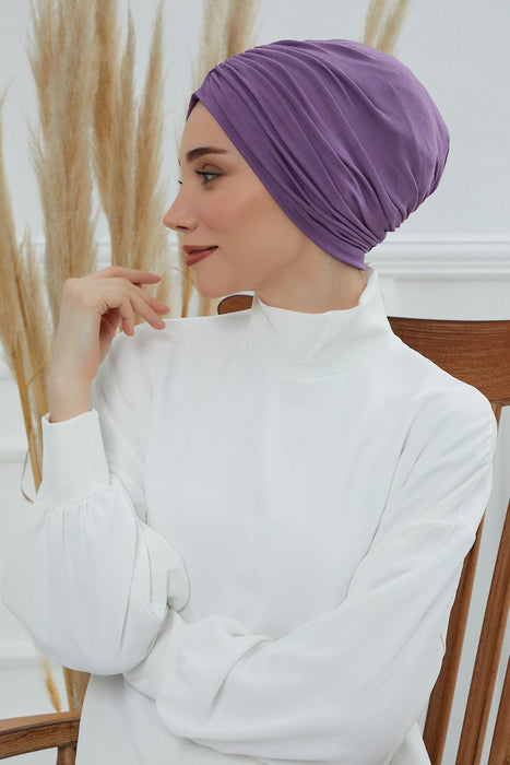 Soft Pre-Tied Shirred Turban for Women, Cotton Instant Turban Headwrap, Hair Loss & Chemo Friendly Bonnet Cap with Chic Shirred Design,B-20 Purple 2