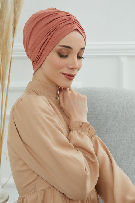 Soft Pre-Tied Shirred Turban for Women, Cotton Instant Turban Headwrap, Hair Loss & Chemo Friendly Bonnet Cap with Chic Shirred Design,B-20 Salmon