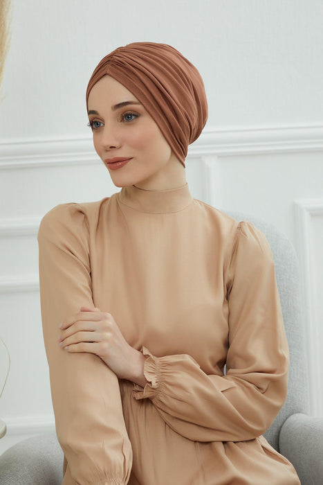 Soft Pre-Tied Shirred Turban for Women, Cotton Instant Turban Headwrap, Hair Loss & Chemo Friendly Bonnet Cap with Chic Shirred Design,B-20 Caramel Brown