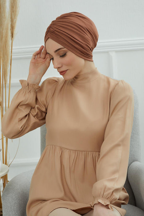 Soft Pre-Tied Shirred Turban for Women, Cotton Instant Turban Headwrap, Hair Loss & Chemo Friendly Bonnet Cap with Chic Shirred Design,B-20 Caramel Brown