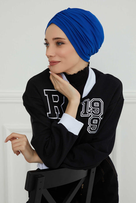 Soft Pre-Tied Shirred Turban for Women, Cotton Instant Turban Headwrap, Hair Loss & Chemo Friendly Bonnet Cap with Chic Shirred Design,B-20 Sax Blue