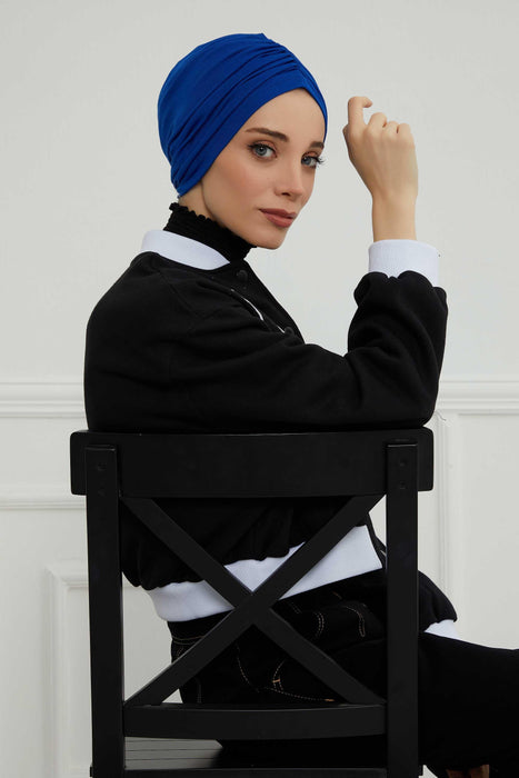 Soft Pre-Tied Shirred Turban for Women, Cotton Instant Turban Headwrap, Hair Loss & Chemo Friendly Bonnet Cap with Chic Shirred Design,B-20 Sax Blue