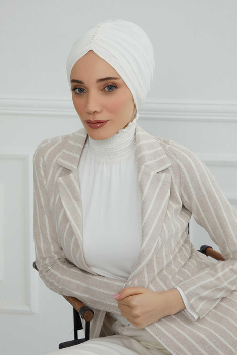 Soft Pre-Tied Shirred Turban for Women, Cotton Instant Turban Headwrap, Hair Loss & Chemo Friendly Bonnet Cap with Chic Shirred Design,B-20 Ivory