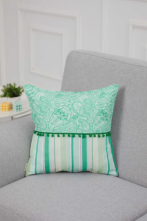 Spring-Inspired Throw Pillow Cover with Pom-Pom Trim, Handmade 18x18 Inches Paisley and Stripe Pillow Cover Design for Sofa and Couch,K-315 Suzani Pattern 48-46