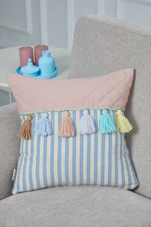 Striped and Quilted Boho Pillow Cover with Colorful Hanging Tassels, 18x18 Inches Stylish Living Room Pillow Cover Housewarming Gift,K-196 Light Powder - Blue Striped Pattern