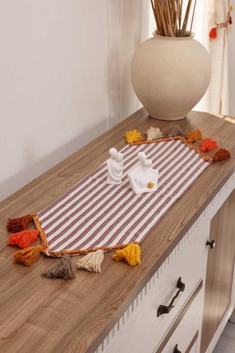 Striped Cotton Table Runner with Big Multicolor Tassels 12 x 36 Inches, Machine Washable Unique Design Table Runner for Kitchen Decors,R-47K