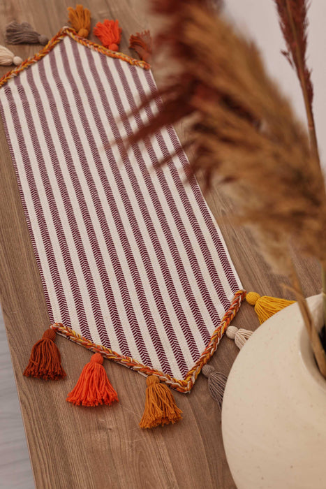 Striped Cotton Table Runner with Big Multicolor Tassels 12 x 36 Inches, Machine Washable Unique Design Table Runner for Kitchen Decors,R-47K