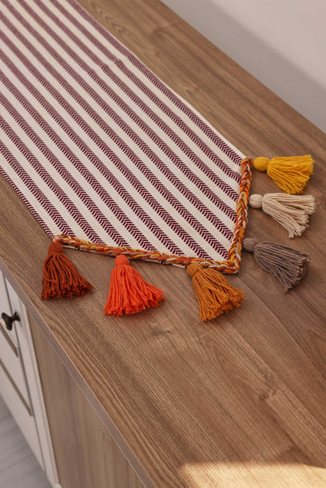 Striped Cotton Table Runner with Big Multicolor Tassels 12 x 36 Inches, Machine Washable Unique Design Table Runner for Kitchen Decors,R-47K