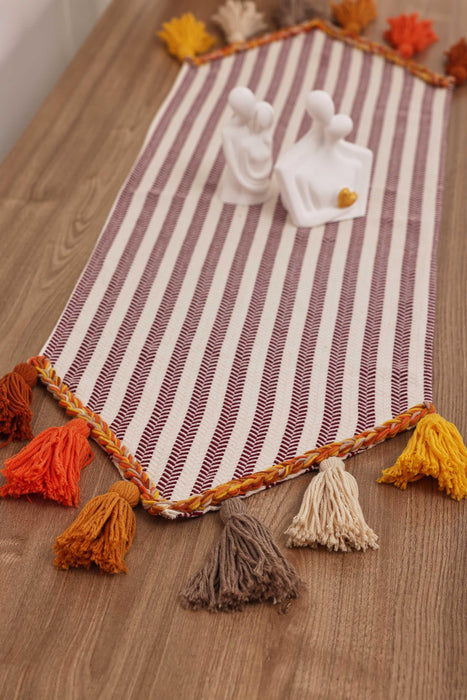 Striped Cotton Table Runner with Big Multicolor Tassels 12 x 36 Inches, Machine Washable Unique Design Table Runner for Kitchen Decors,R-47K