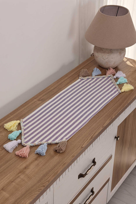 Striped Cotton Table Runner with Big Multicolor Tassels 12 x 36 Inches, Machine Washable Unique Design Table Runner for Kitchen Decors,R-47K