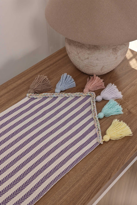 Striped Cotton Table Runner with Big Multicolor Tassels 12 x 36 Inches, Machine Washable Unique Design Table Runner for Kitchen Decors,R-47K