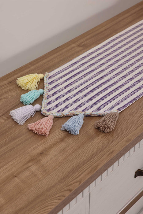 Striped Cotton Table Runner with Big Multicolor Tassels 12 x 36 Inches, Machine Washable Unique Design Table Runner for Kitchen Decors,R-47K