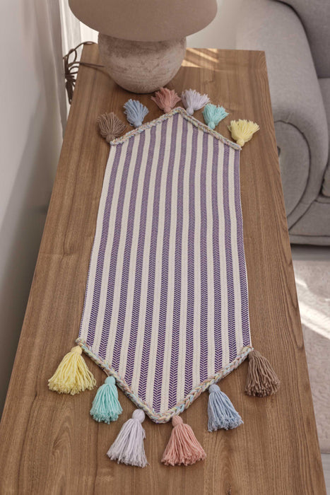 Striped Cotton Table Runner with Big Multicolor Tassels 12 x 36 Inches, Machine Washable Unique Design Table Runner for Kitchen Decors,R-47K