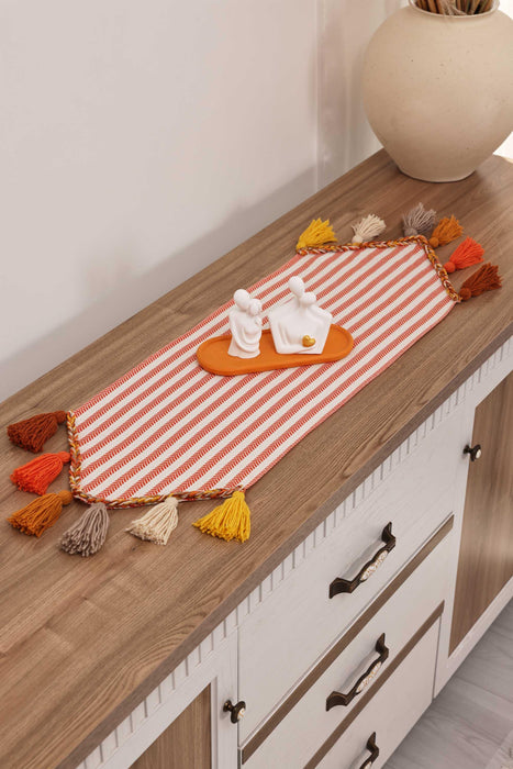 Striped Cotton Table Runner with Big Multicolor Tassels 12 x 36 Inches, Machine Washable Unique Design Table Runner for Kitchen Decors,R-47K