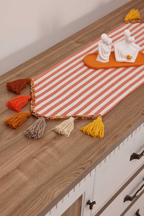 Striped Cotton Table Runner with Big Multicolor Tassels 12 x 36 Inches, Machine Washable Unique Design Table Runner for Kitchen Decors,R-47K