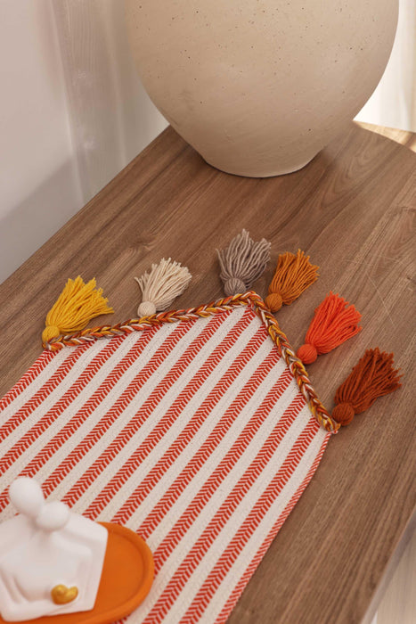 Striped Cotton Table Runner with Big Multicolor Tassels 12 x 36 Inches, Machine Washable Unique Design Table Runner for Kitchen Decors,R-47K