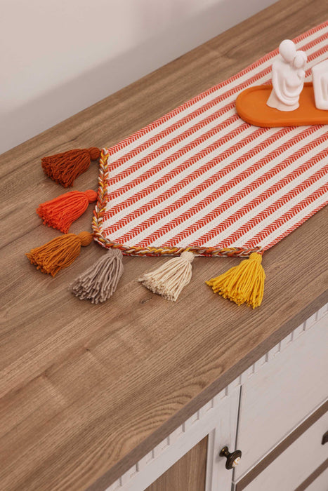 Striped Cotton Table Runner with Big Multicolor Tassels 12 x 36 Inches, Machine Washable Unique Design Table Runner for Kitchen Decors,R-47K