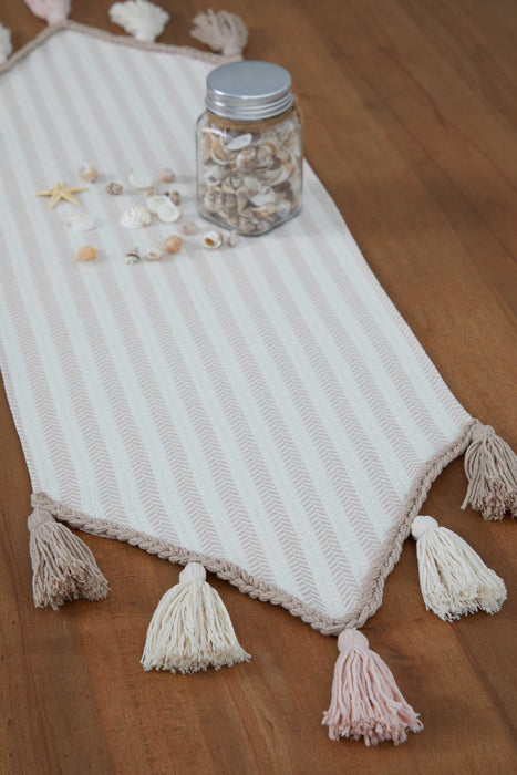 Striped Cotton Table Runner with Big Multicolor Tassels 12 x 36 Inches, Machine Washable Unique Design Table Runner for Kitchen Decors,R-47K