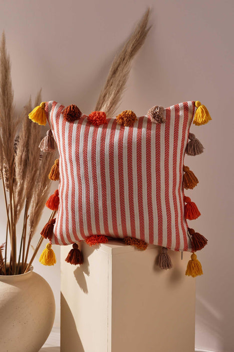 Striped-Patterned Pillow Cover with Plenty of Colourful Tassels on the Edges, 18x18 Inches Decorative Cushion Cover for Modern Home,K-272