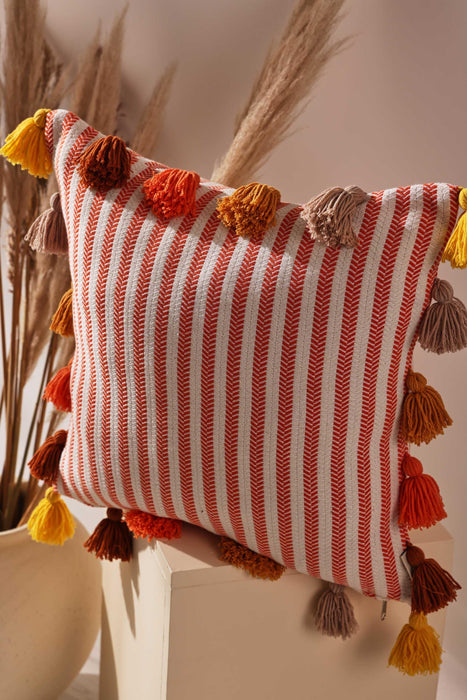 Striped-Patterned Pillow Cover with Plenty of Colourful Tassels on the Edges, 18x18 Inches Decorative Cushion Cover for Modern Home,K-272