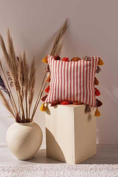 Striped-Patterned Pillow Cover with Plenty of Colourful Tassels on the Edges, 18x18 Inches Decorative Cushion Cover for Modern Home,K-272