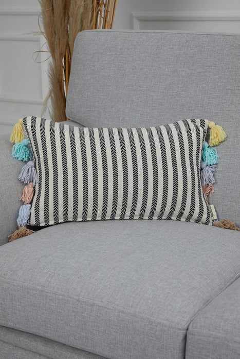 Striped Pillow Cover with Colourful Tassels on the Edges, Tasseled Anatolian Peshtemal Throw Pillow, Striped-Patterned Cushion Cover,K-274