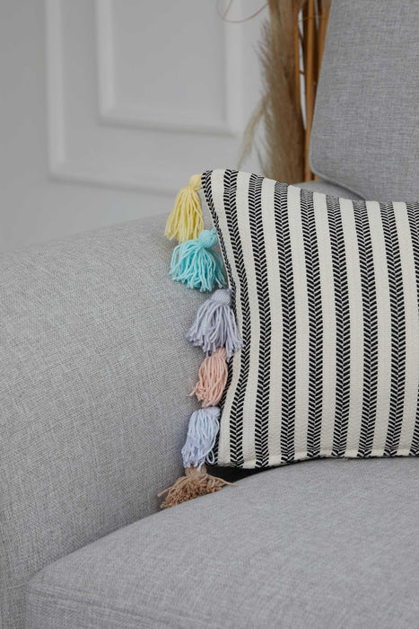 Striped Pillow Cover with Colourful Tassels on the Edges, Tasseled Anatolian Peshtemal Throw Pillow, Striped-Patterned Cushion Cover,K-274