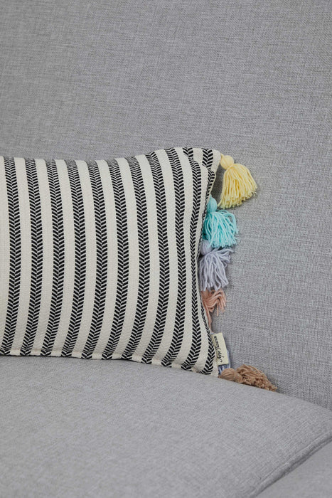 Striped Pillow Cover with Colourful Tassels on the Edges, Tasseled Anatolian Peshtemal Throw Pillow, Striped-Patterned Cushion Cover,K-274