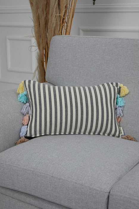 Striped Pillow Cover with Colourful Tassels on the Edges, Tasseled Anatolian Peshtemal Throw Pillow, Striped-Patterned Cushion Cover,K-274