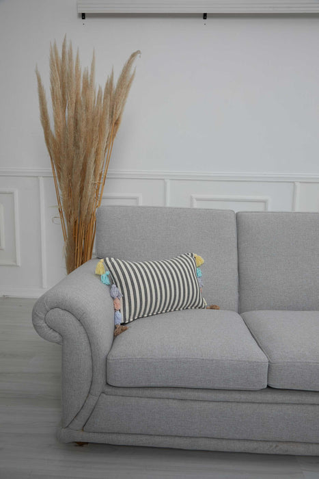 Striped Pillow Cover with Colourful Tassels on the Edges, Tasseled Anatolian Peshtemal Throw Pillow, Striped-Patterned Cushion Cover,K-274